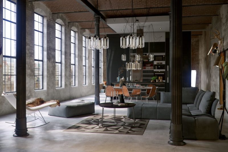 Phòng khách phong cách công nghiệp thường được thiết kế với không gian rộng